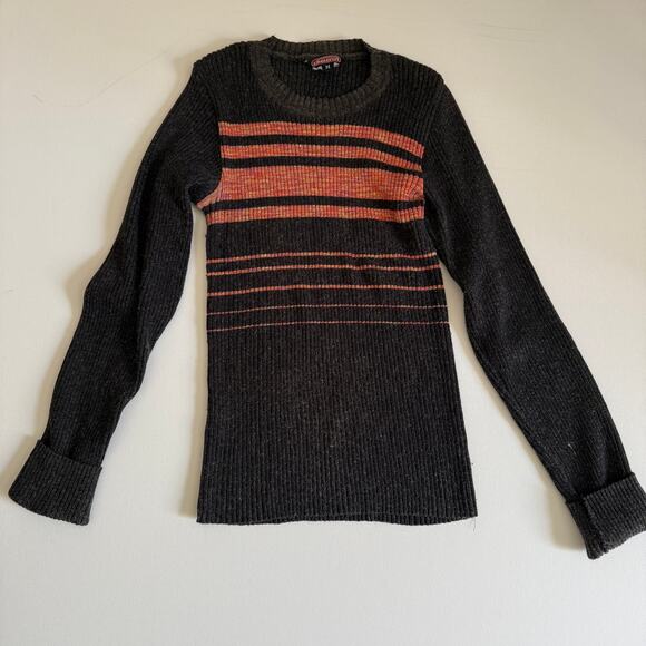 90s Vintage DIESEL Brown and Orange Chest Stripe Crew Neck Ribbed Sweater Medium - Picture 1 of 8